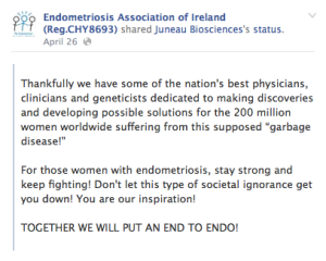 The Endometriosis Association of Ireland has broached the topic on their Faceboook page